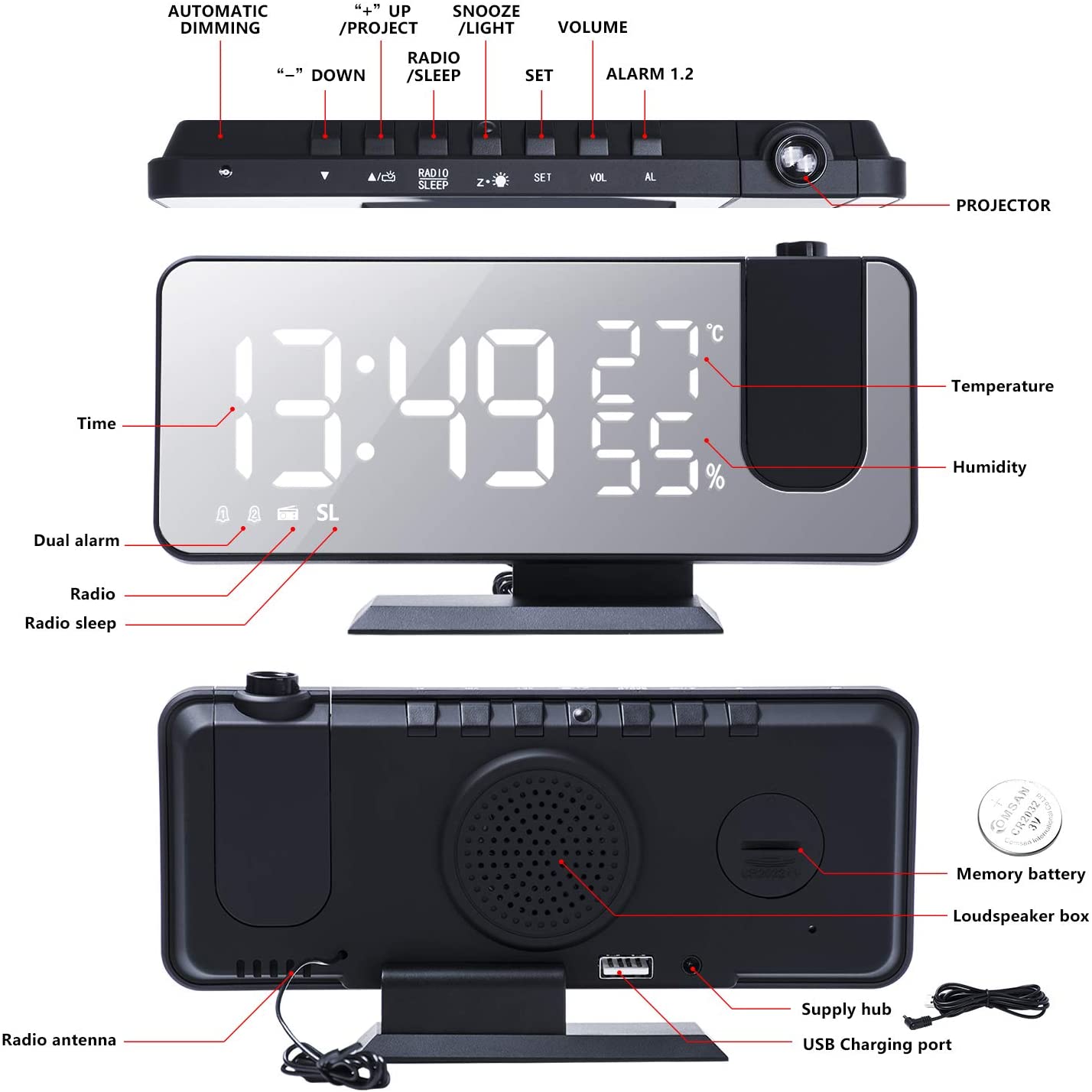 LED Projection Digital Alarm Clock Phone Charger - 40daY40nighT